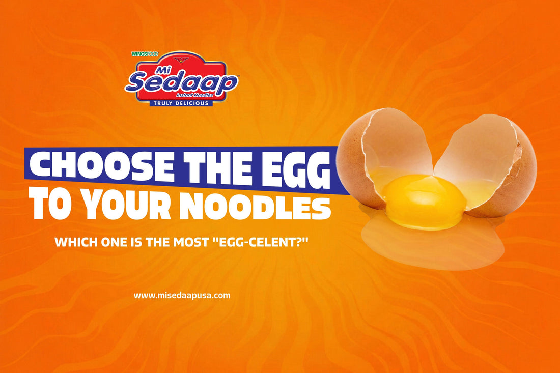 Cracked egg with yolk on an orange Mi Sedaap background promoting choosing the best egg for noodles.