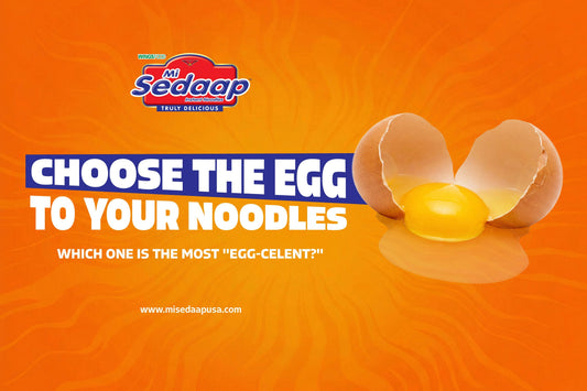 Cracked egg with yolk on an orange Mi Sedaap background promoting choosing the best egg for noodles.
