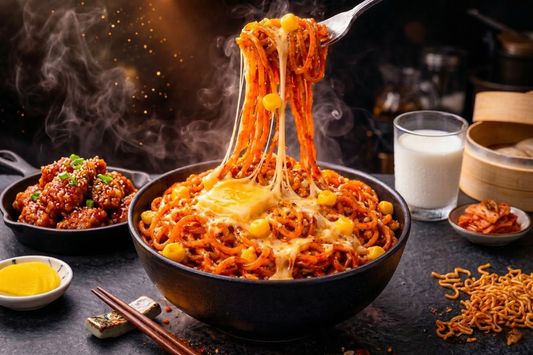 Gemini said A steaming bowl of spicy Mi Sedaap Cheese Buldak noodles topped with melted butter, corn kernels, and stretchy mozzarella cheese.