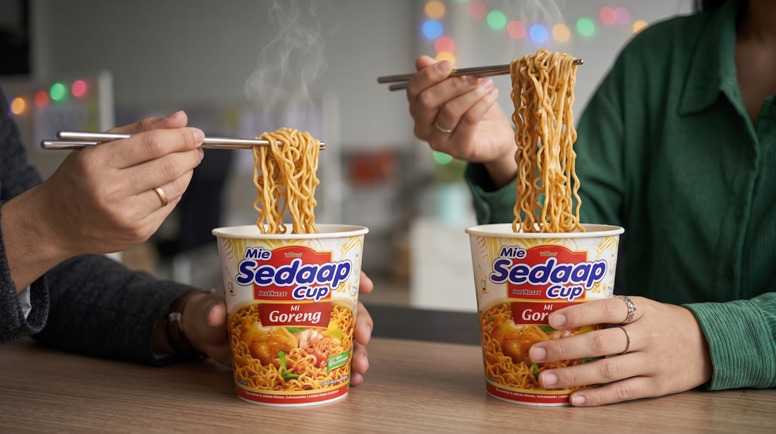 Mi Sedaap Cup Noodles featuring flavorful instant noodle cups ready for a quick and satisfying workday lunch. 