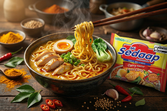 Bowl of Mi Sedaap Curry with chopstick lifting the noodle up