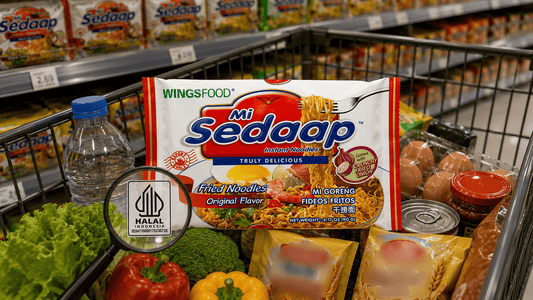 A Mi Sedaap Original Fried Noodles package in a grocery cart with fresh produce, a magnifying glass highlighting its MUI Halal certification seal.