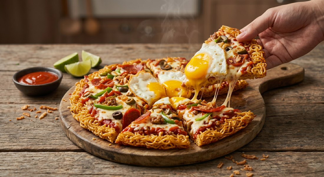 Crispy noodle pizza made with Mi Sedaap Original Fried Noodles topped with melted mozzarella cheese, egg, spicy sauce, and crunchy fried onions on a skillet.