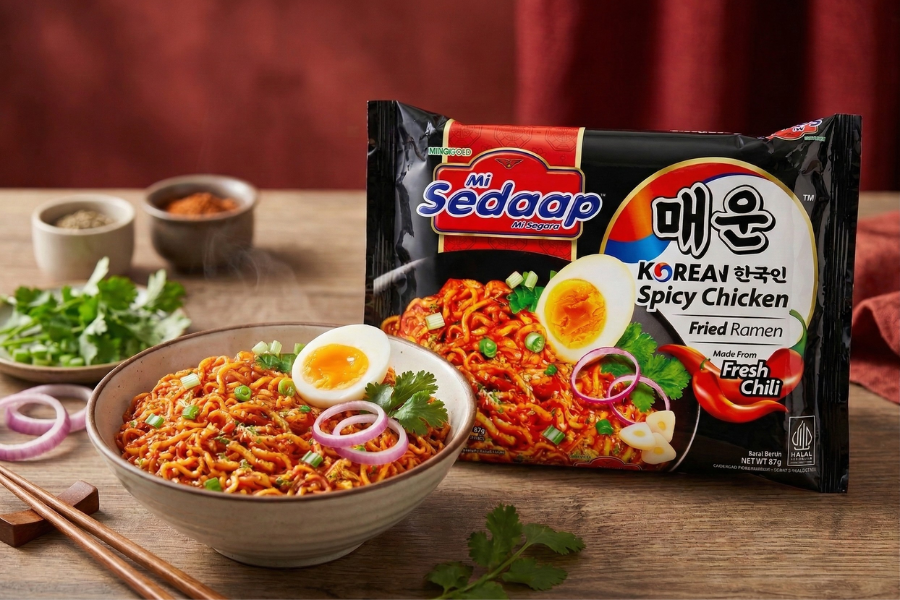 A bowl of Mi Sedaap Korean Spicy Chicken noodles topped with a soft boiled egg and sliced onions, with the Mi Sedaap Korean Spicy Chicken package displayed behind it