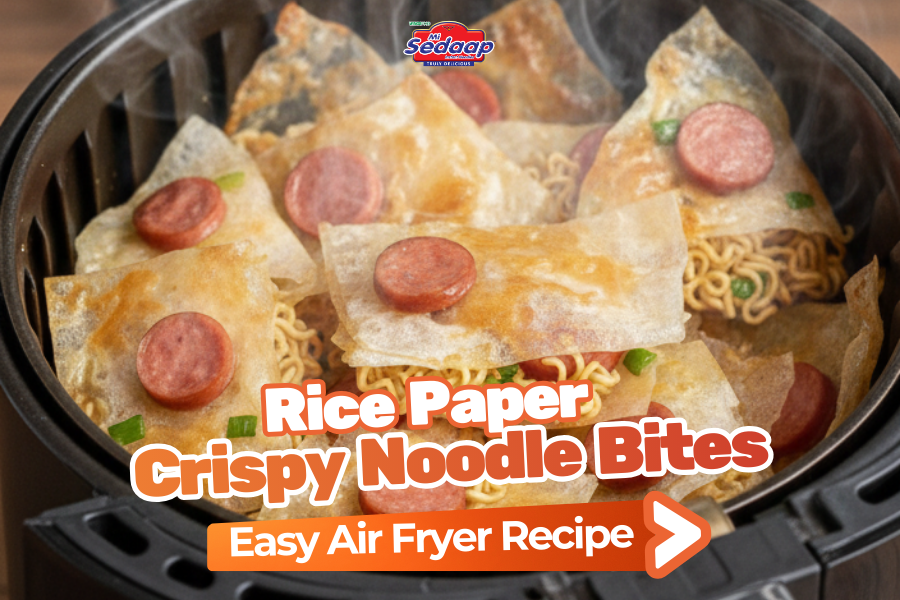 Air fryer rice paper noodle bites topped with sliced sausage.