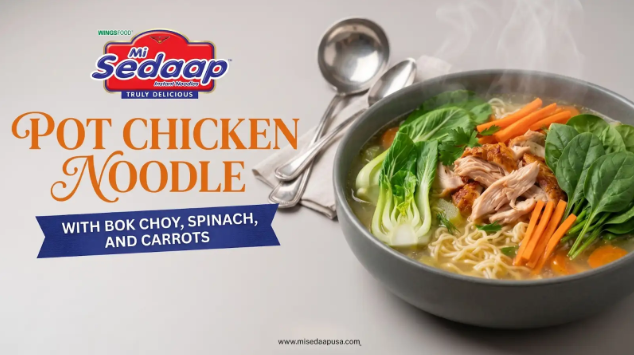 Bowl of Instant Pot chicken noodle soup with Mi Sedaap noodles, shredded chicken, carrots, and greens in a rich savory broth beside an Instant Pot.