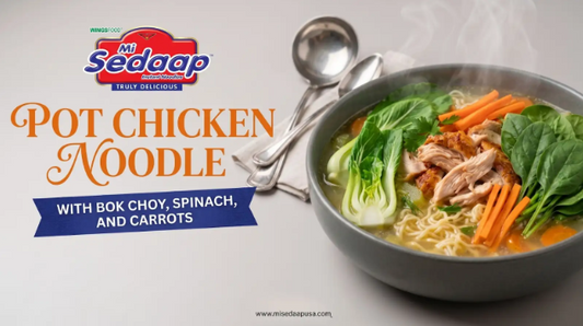 Bowl of Instant Pot chicken noodle soup with Mi Sedaap noodles, shredded chicken, carrots, and greens in a rich savory broth beside an Instant Pot.