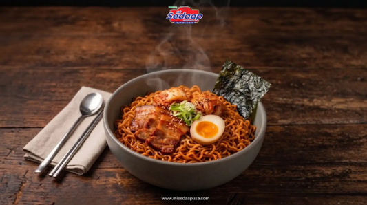 Mi Sedaap Korean instant noodles with spicy chicken and cheese buldak flavors served in bowls with chopsticks, garnished with egg, cheese, and Korean-inspired toppings.