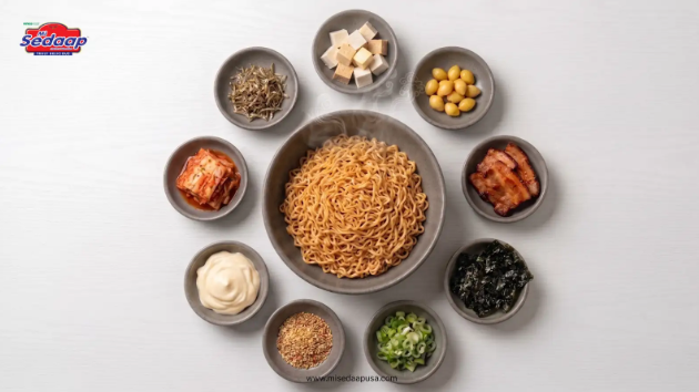 Bowls of Mi Sedaap dry noodles and spicy laksa topped with fried onions, egg, cheese, and fresh garnishes showcasing bold flavors and crunchy textures.