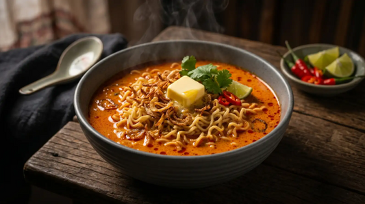 A steaming bowl of creamy Singapore laksa instant ramen topped with butter, crispy fried onions, red chilli slices, cilantro, and lime wedges on a rustic wooden table.