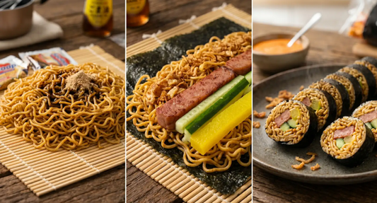 Mi-Gimbap noodle rolls made with Mi Sedaap fried noodles, nori, cucumber, pickled radish, and crispy fried onions served with spicy chili mayo dipping sauce.
