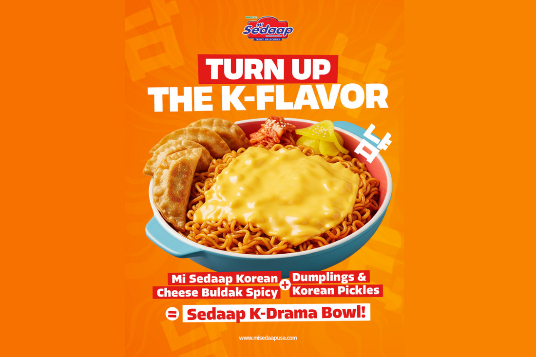 A bowl of Mi Sedaap Korean Cheese Buldak noodles topped with melted cheese, dumplings, and Korean pickles on an orange background with the text 'Turn Up the K-Flavor – Sedaap K-Drama Bowl.