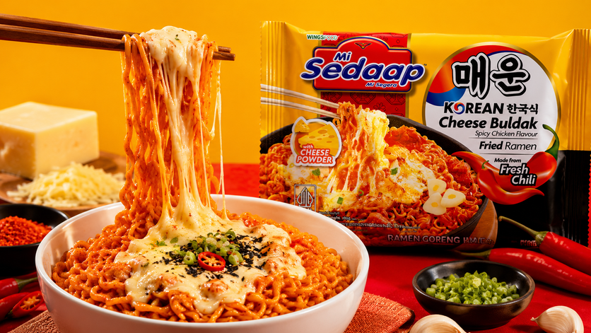 Wooden chopsticks lifting spicy ramen covered in melted, stretchy cheese from a bowl, placed next to a pack of Mi Sedaap Korean Cheese Buldak against a bright yellow and red background.
