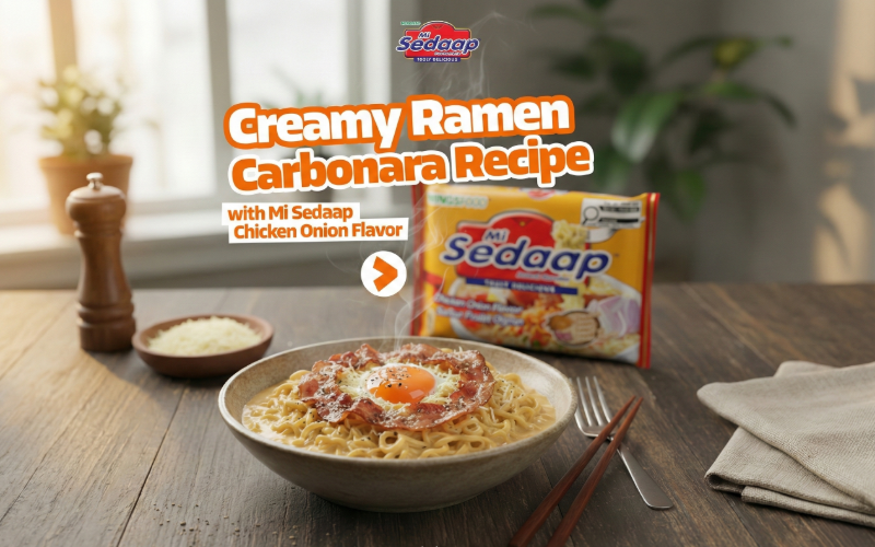A bowl of Creamy Ramen Carbonara made with Mi Sedaap Chicken Onion Soup Flavor