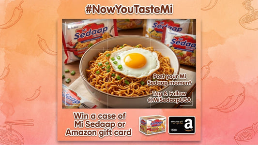graphic for a Mi Sedaap photo contest. text includes the hashtag "#NowYouTasteMi," "post and follow @MiSedaapUSA, and prize details for a chance to win a case of noodles or a $500 Amazon gift card"