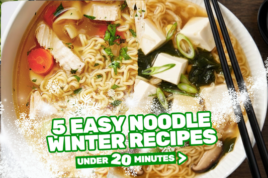 Two bowls of warm noodle soup with chicken, tofu, vegetables, and winter-themed text overlay.