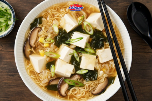 Bowl of noodle soup with tofu cubes, seaweed, mushrooms, and green onions.