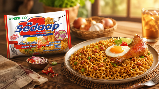A plate of cooked Mi Sedaap fried noodles topped with an egg and fried chicken next to a packet of the noodles.