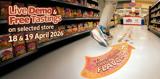 Live demo and free tastings of Mi Sedaap instant noodles at 99 Ranch Market on April 18 to 19, 2026, featuring in-store display, aisle navigation signage, and “Follow the Flavor” floor graphics guiding shoppers to the demo booth.