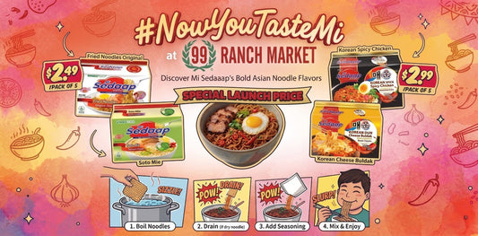 Vibrant poster of Mi Sedaap availability in 99 Ranch Market, with the special price
