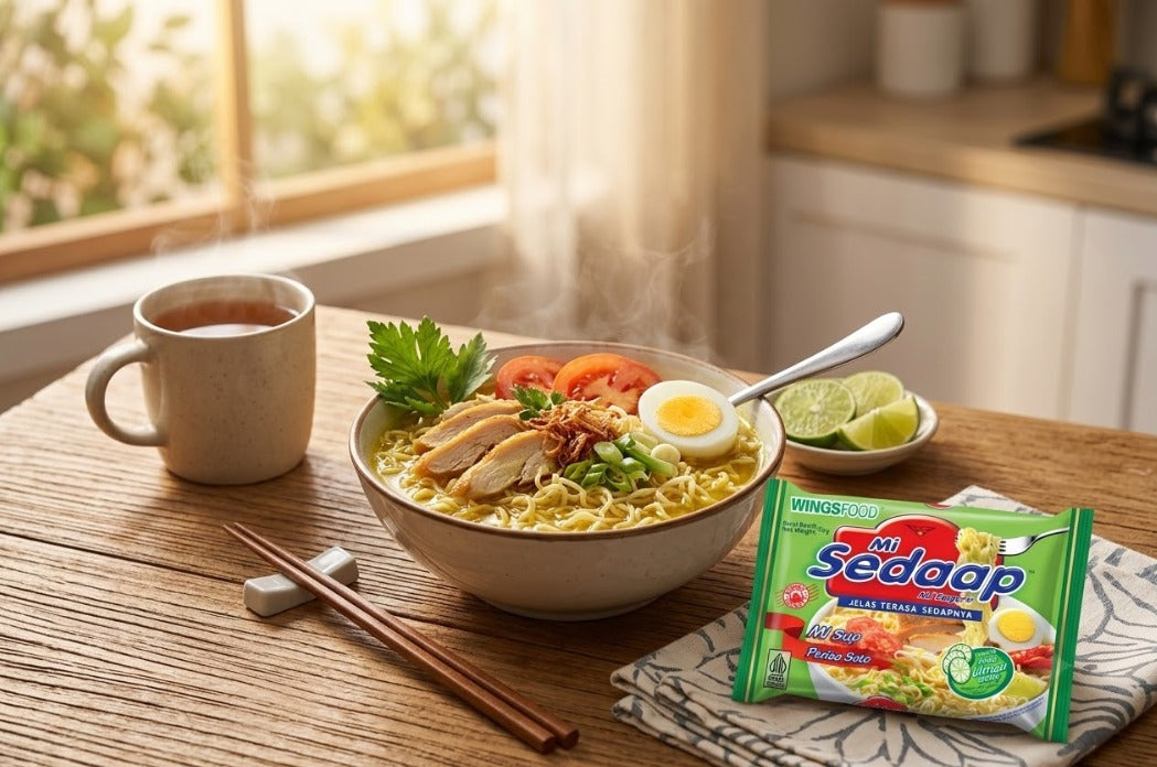 Bowl of Mi Sedaap Soto Mie noodle soup with shredded chicken, tomato, boiled egg, and herbs, beside tea, chopsticks, limes, and the Soto package.