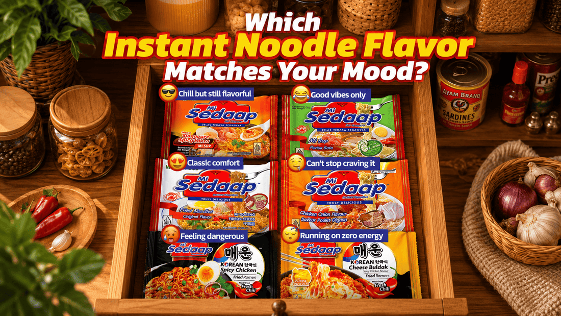 An open wooden kitchen drawer displaying six Mi Sedaap instant noodle flavors paired with emojis and mood descriptions, under the title "Which Instant Noodle Flavor Matches Your Mood?"