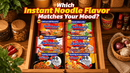 An open wooden kitchen drawer displaying six Mi Sedaap instant noodle flavors paired with emojis and mood descriptions, under the title "Which Instant Noodle Flavor Matches Your Mood?"