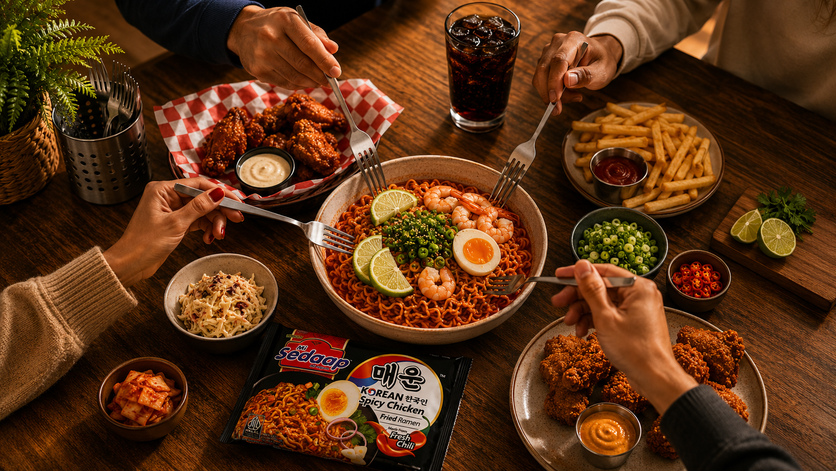Four people sitting around a wooden dining table reaching their forks into a large bowl of spicy Korean chicken noodles, surrounded by fried chicken wings, fries, kimchi, and a pack of Mi Sedaap Korean Spicy Chicken noodles.