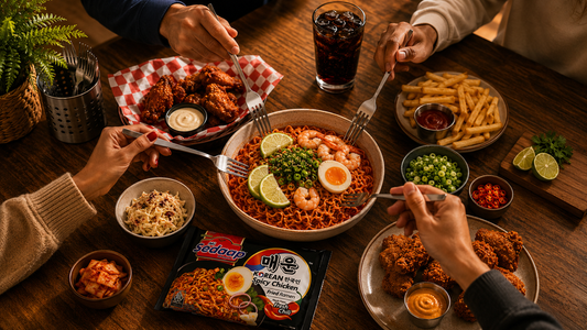 Four people sitting around a wooden dining table reaching their forks into a large bowl of spicy Korean chicken noodles, surrounded by fried chicken wings, fries, kimchi, and a pack of Mi Sedaap Korean Spicy Chicken noodles.
