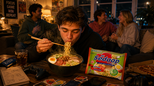 A young man enjoying a steaming bowl of Mi Sedaap Soto soup noodles with chopsticks, sitting at a table with friends relaxing and chatting in the background.