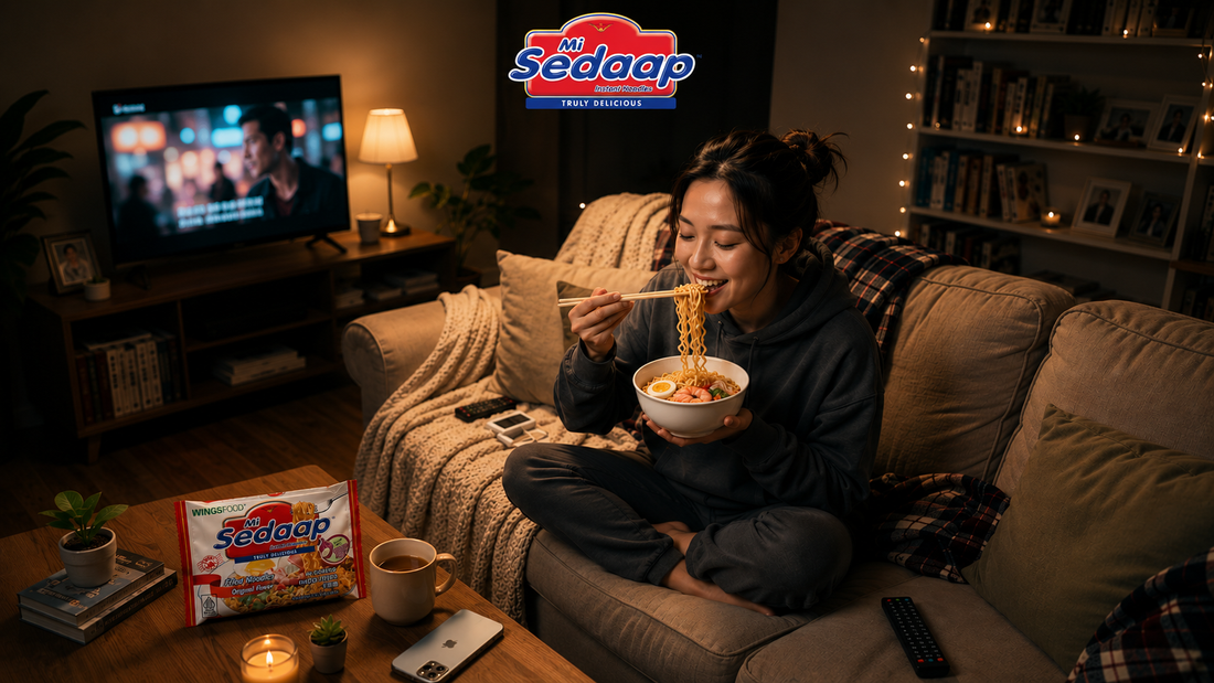 A woman sitting on a cozy couch in a dimly lit living room eating a bowl of noodles, with a packet of Mi Sedaap noodles on the coffee table.