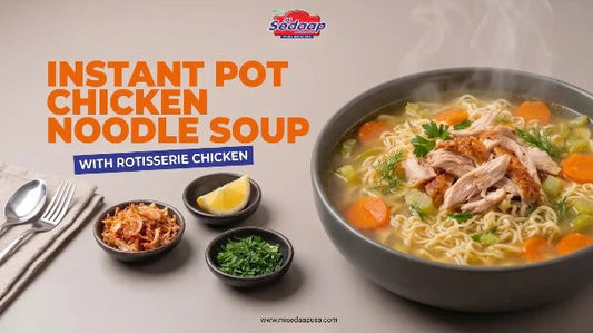 A recipe banner showing a steaming bowl of instant chicken noodle soup with rotisserie chicken, herbs, and lemon wedges on the side.