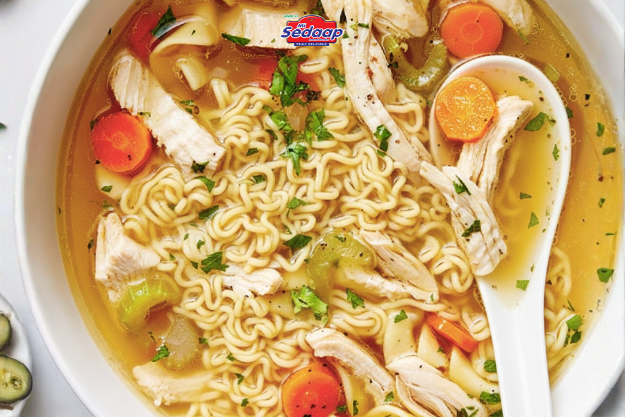 Bowl of chicken noodle soup with shredded chicken, carrots, herbs, and a white spoon.