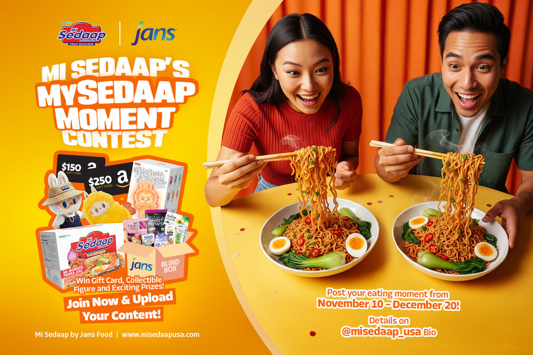 Two people excitedly eating Mi Sedaap noodles with chopsticks beside contest prizes including gift cards, collectible figures, and Jans Food products for the MySedaap Moment Contest announcement.