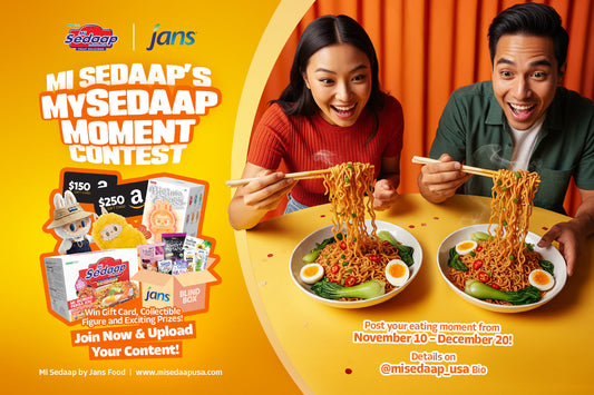 Two people excitedly eating Mi Sedaap noodles with chopsticks beside contest prizes including gift cards, collectible figures, and Jans Food products for the MySedaap Moment Contest announcement.