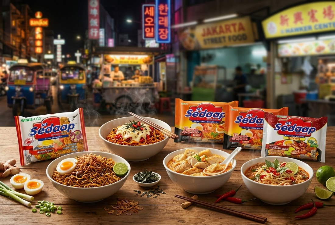 Four steaming bowls of various cooked instant noodles arranged on a wooden table alongside matching packages of Mi Sedaap noodles, set against a vibrant, bustling Asian night market background.