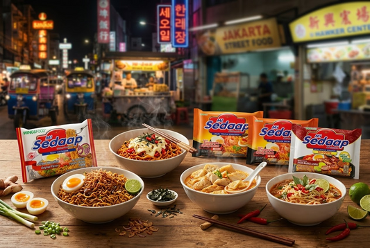 Four steaming bowls of various cooked instant noodles arranged on a wooden table alongside matching packages of Mi Sedaap noodles, set against a vibrant, bustling Asian night market background.