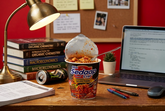 Mie Sedaap Cup spicy noodles with a spoon on a dorm desk, beside chemistry and economics textbooks, a laptop, and an energy drink can.