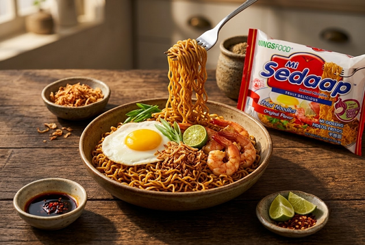 A fork lifting Mi Sedaap Original Fried Noodles topped with a fried egg, shrimp, and crispy onion, beside the Mi Sedaap package.