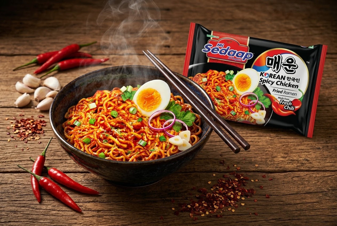 A steaming bowl of spicy Korean-style fried noodles with egg, garlic, and chilies, alongside Mi Sedaap packaging on rustic wood.
