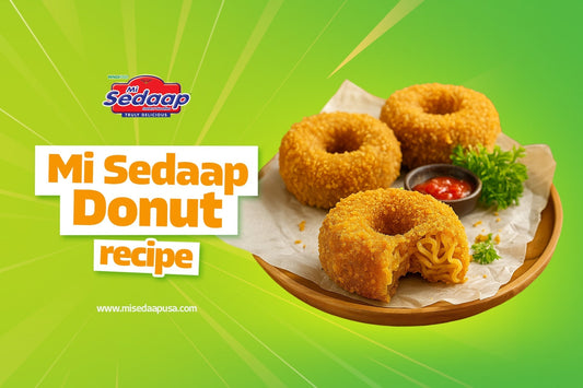 Mi Sedaap donut recipe featuring crispy fried noodle donuts served with dipping sauce.