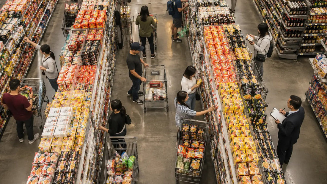 Aerial view of a grocery store instant noodle aisle with shoppers browsing colorful noodle packages and a buyer taking notes.