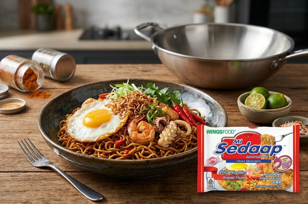 Bowl of Mi Sedaap mi goreng topped with a fried egg, shrimp, squid, and scallions, next to a wok, limes, and the Original Fried Noodles package.