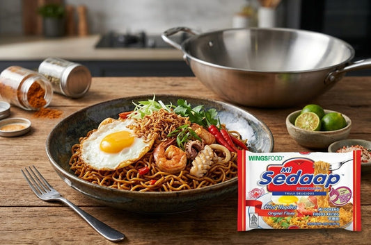 Bowl of Mi Sedaap mi goreng topped with a fried egg, shrimp, squid, and scallions, next to a wok, limes, and the Original Fried Noodles package.