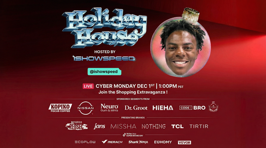 Cyber Monday livestream poster featuring iShowSpeed as host with brand logos across the bottom.