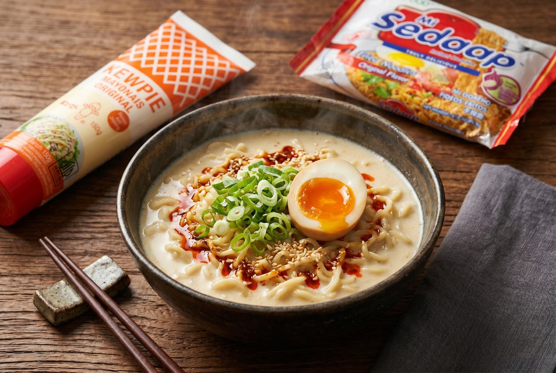bowl of mi sedaap with kewpie mayo
