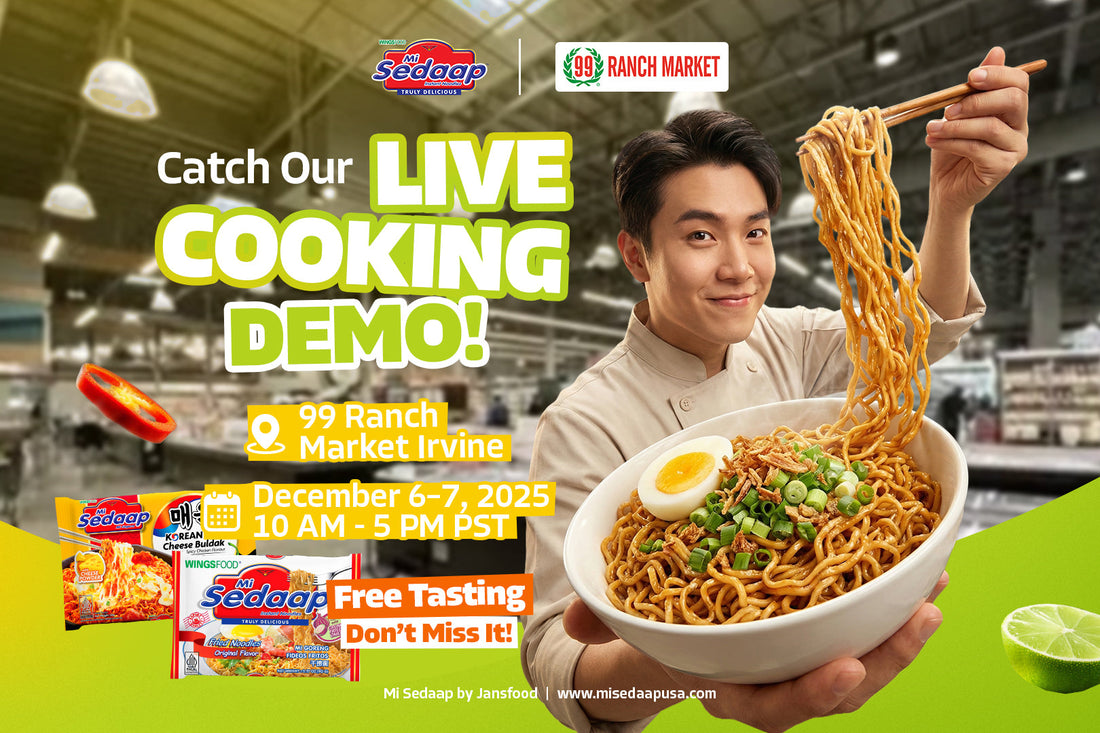 Promotional poster showing a chef lifting Mi Sedaap noodles, highlighting a live cooking demo at 99 Ranch Irvine on December 6–7 with free tasting.