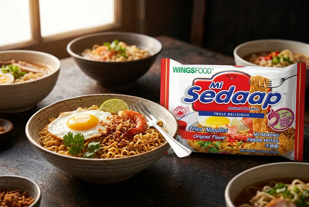 A package of Mi Sedaap Fried Noodles next to a bowl of prepared noodles topped with a fried egg and shrimp on a rustic wooden table.